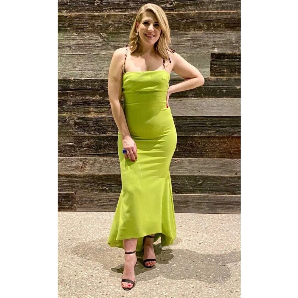 NWT CHRISTIAN SIRIANO Leopard Ties Neon Green Hi-Low Hemline Dress Size 10
